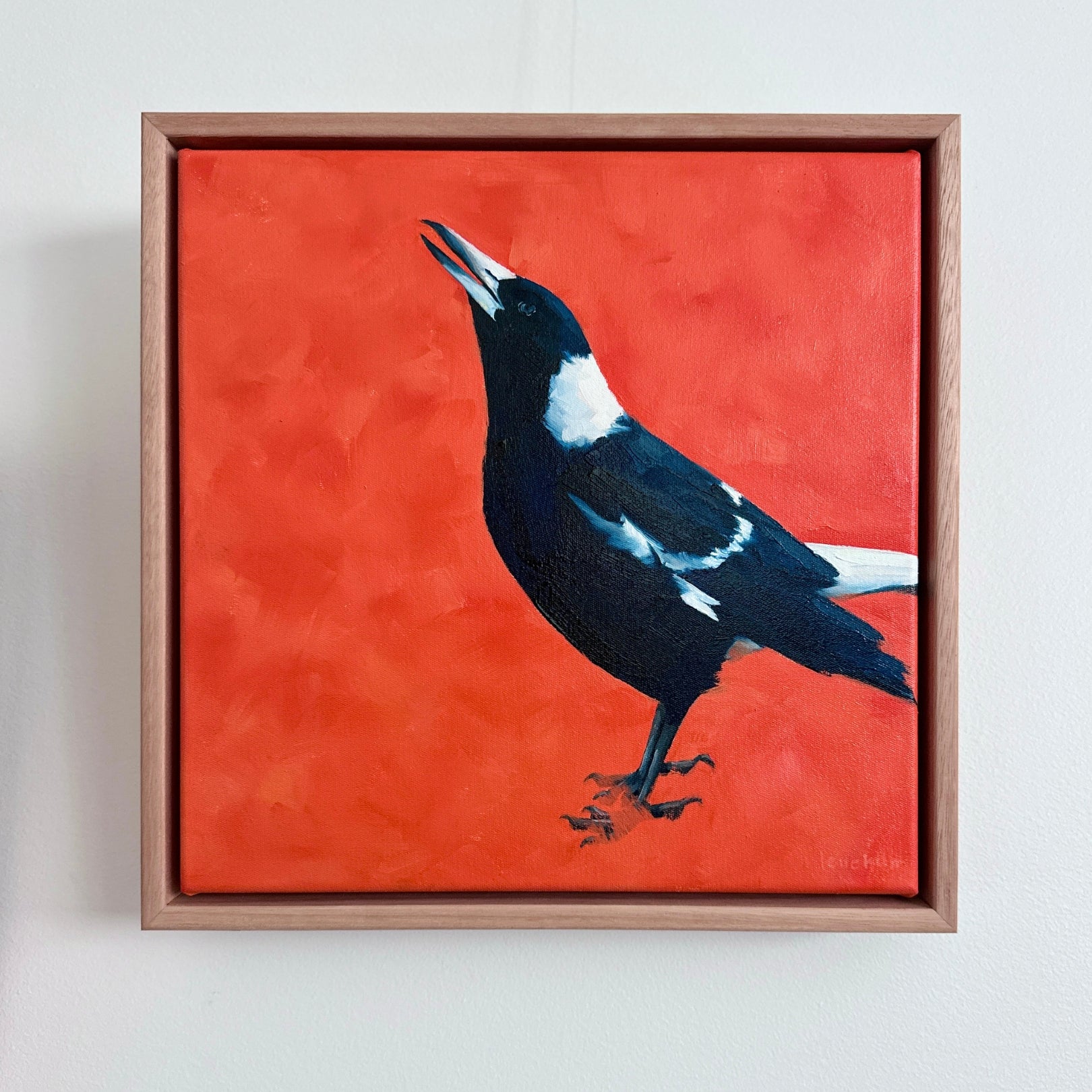 australian magpie original oil painting with a textured orange background