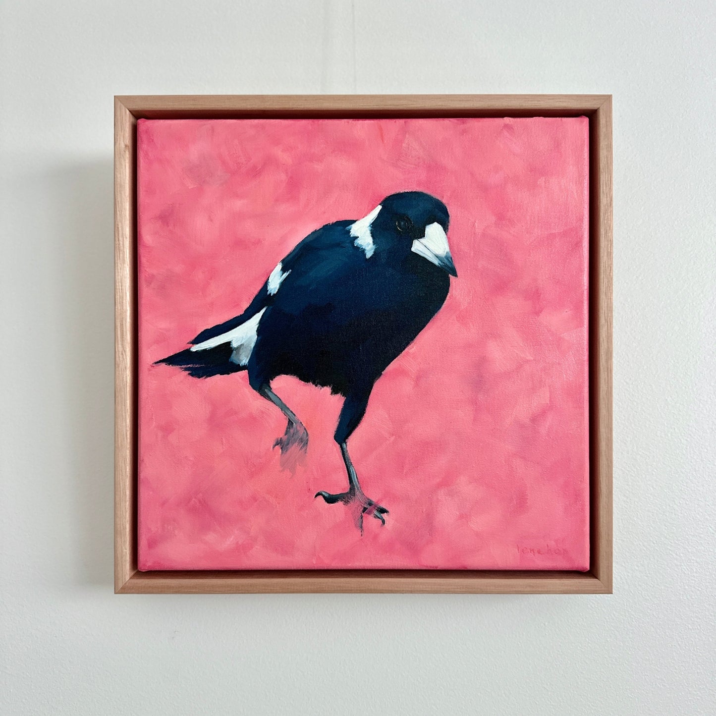 magpie original oil artwork with a pink textured background