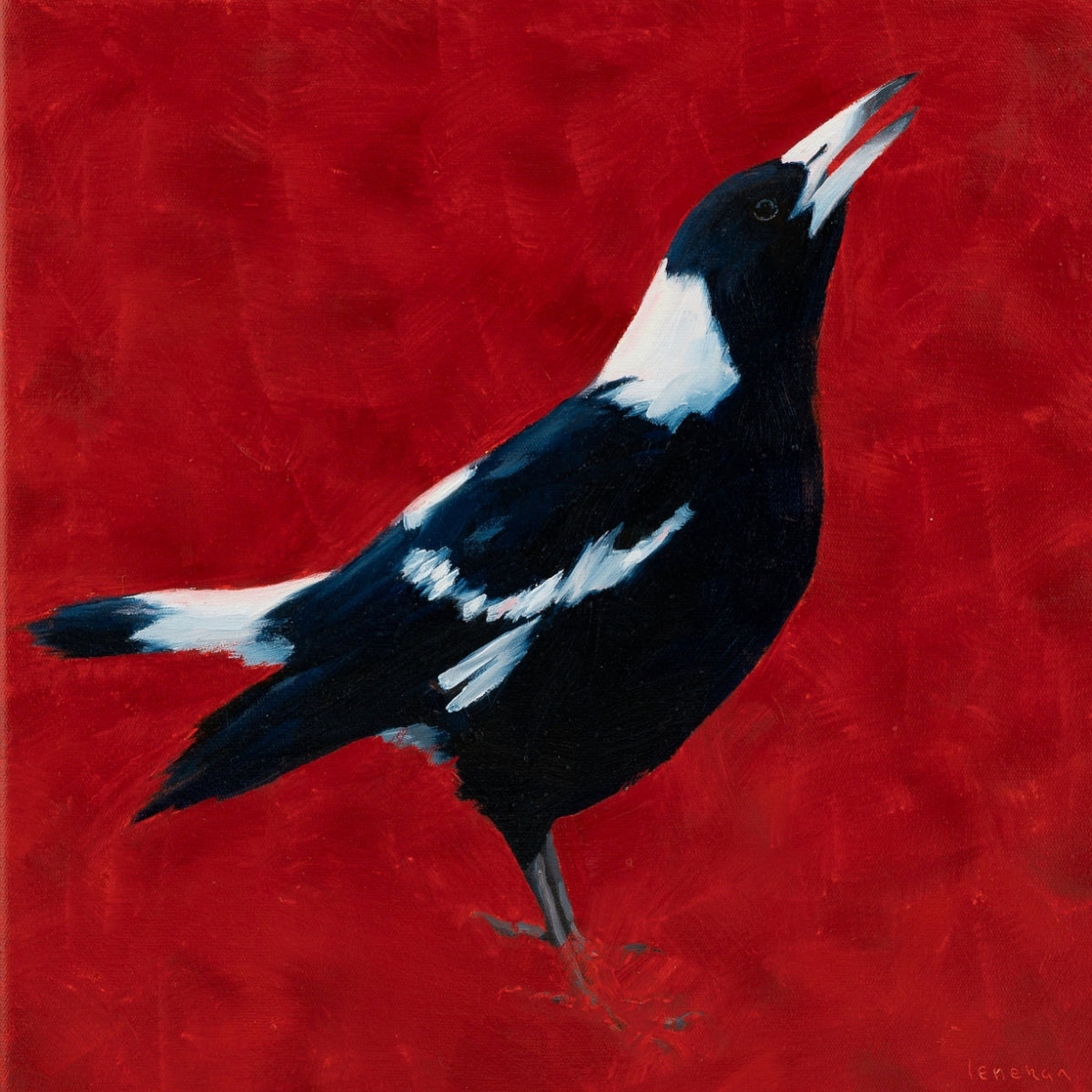 A square painting of a magpie bird in profile against a textured red background. The bird is rendered in dark blue and white with a small gray beak and legs.