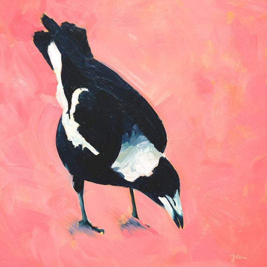 contemporary and modern original oil painting of a navy blue and white magpie on a textured warm pink background