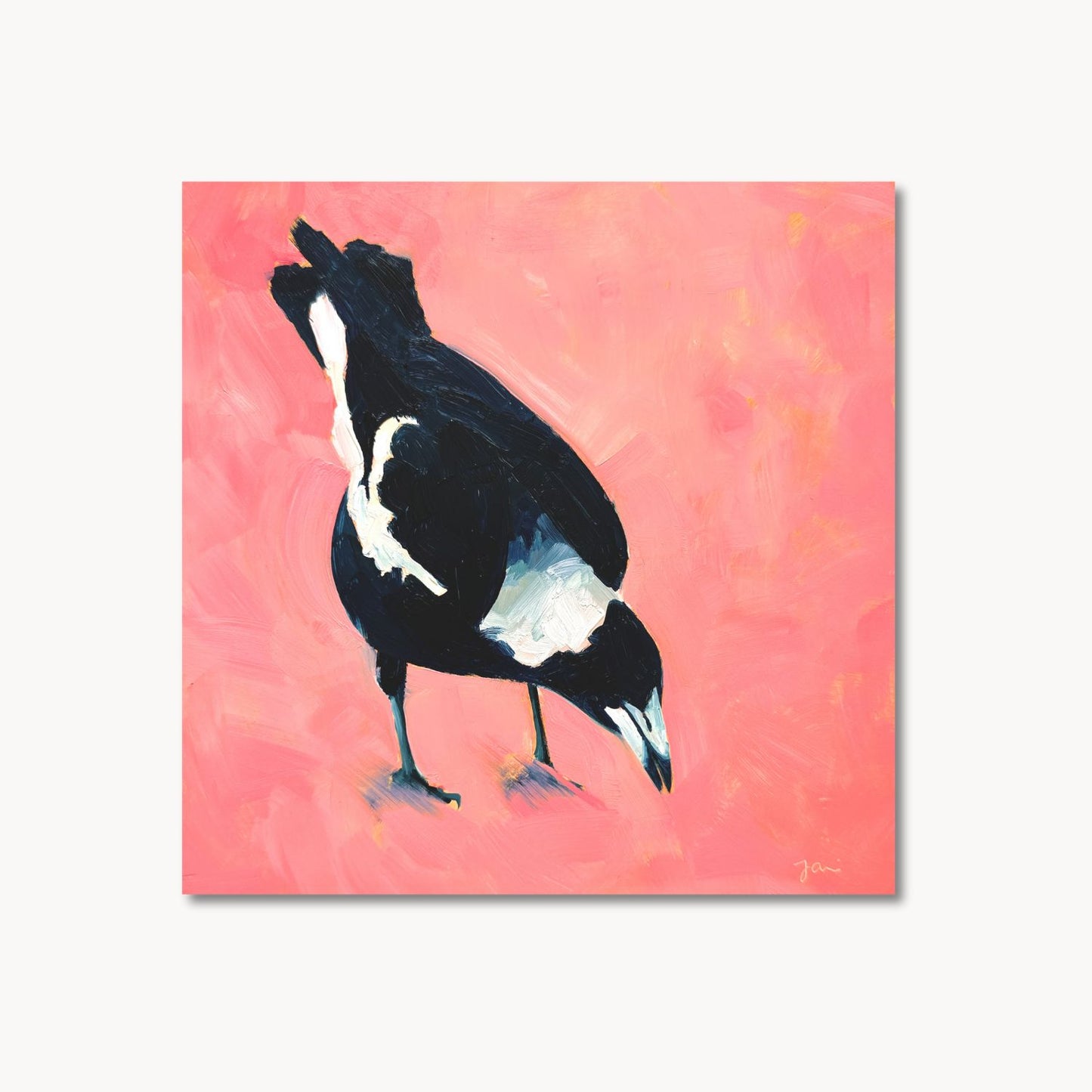 Magpie on Warm Pink - Original Oil Painting