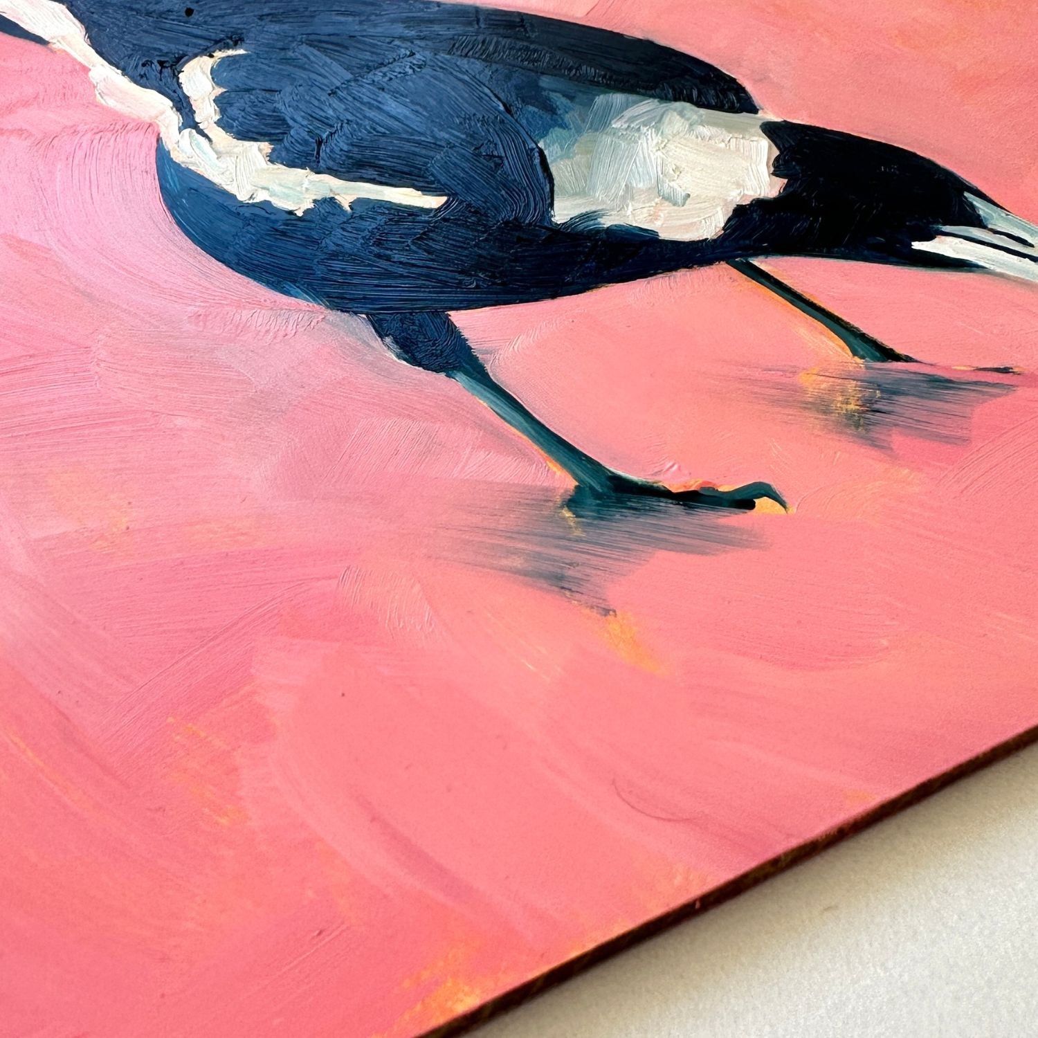 contemporary and modern original oil painting of a navy blue and white magpie on a textured warm pink background