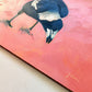 contemporary and modern original oil painting of a navy blue and white magpie on a textured warm pink background