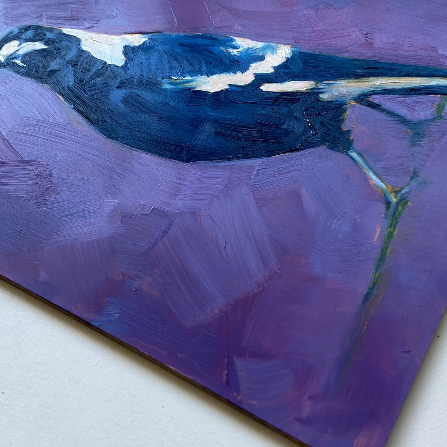 closeup of an original oil painting of a navy blue and white magpie with its head tilted on a bright and textured purple with bits of blue background. The painting is sitting on a white surface.