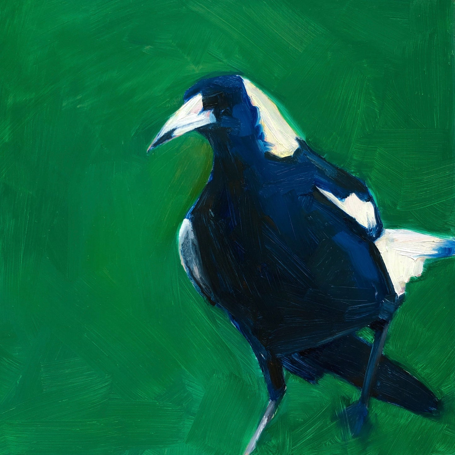 original oil painting of a navy blue magpie on an emerald green background