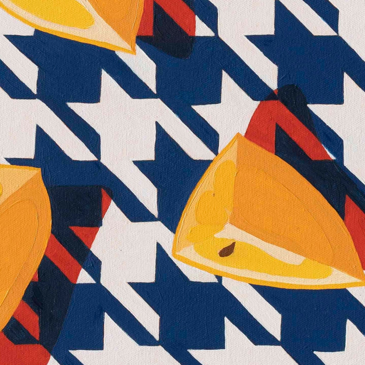 closeup of an original oil painting of three wedges of yellow lemons on a navy blue and white houndstooth background with strong red shadows