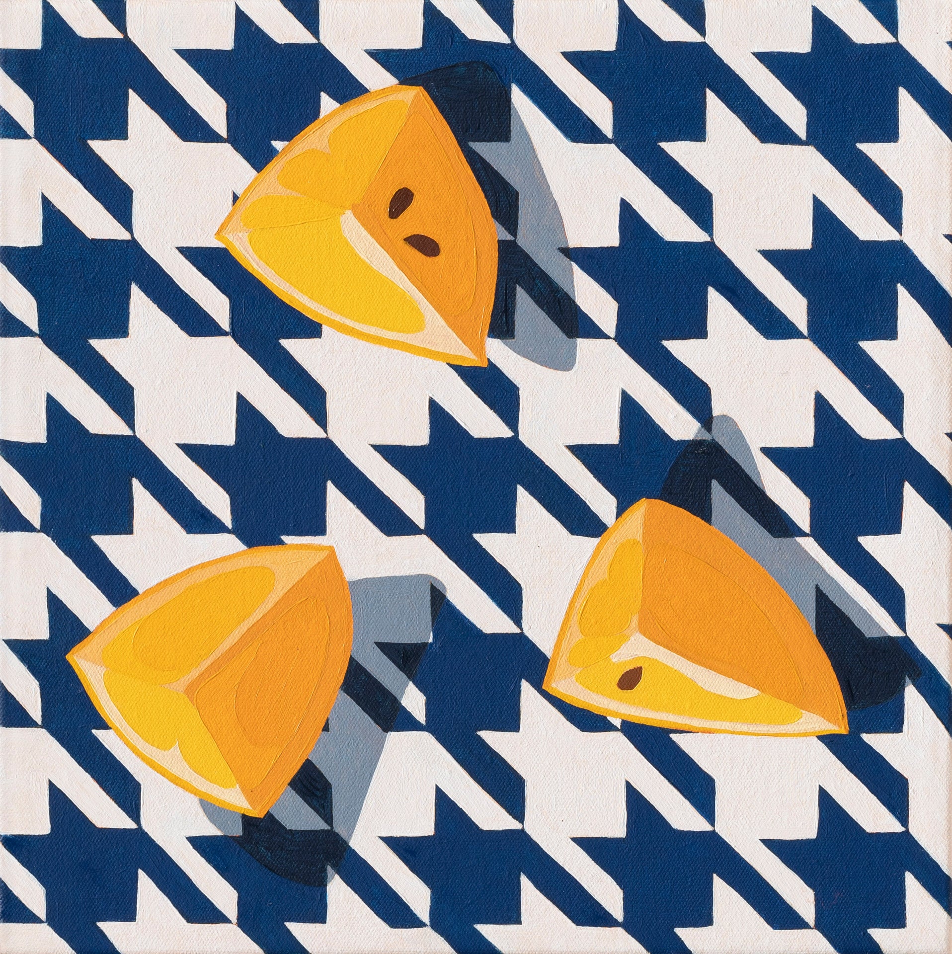 an original oil painting of three wedges of yellow lemons on a navy blue and white houndstooth background with blue-grey shadows