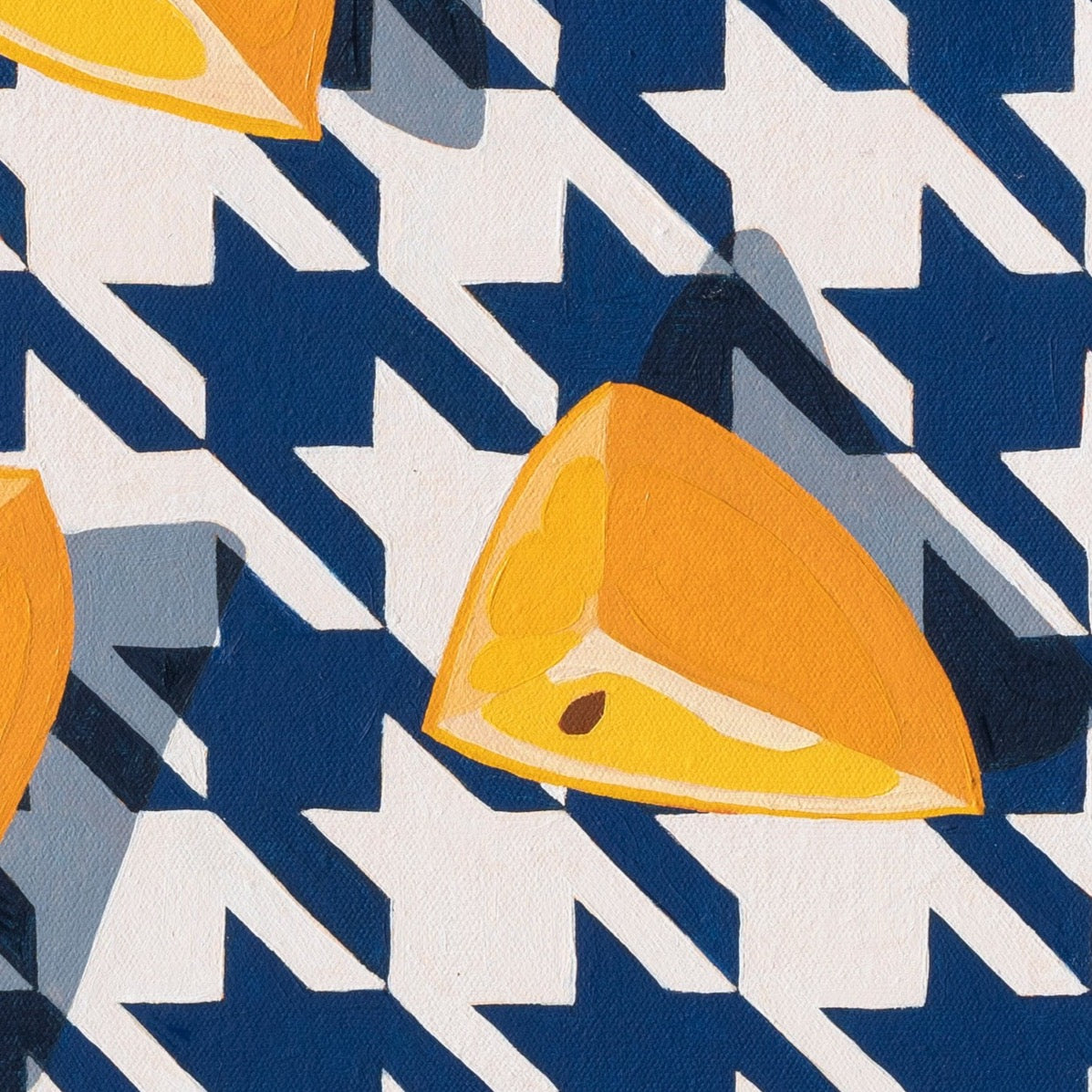 closeup of an original oil painting of three wedges of yellow lemons on a navy blue and white houndstooth background with blue-grey shadows