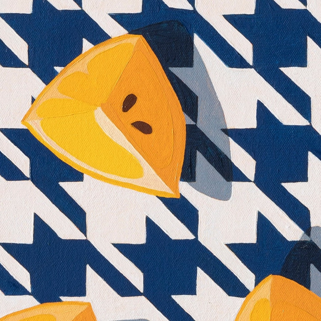 closeup of an original oil painting of three wedges of yellow lemons on a navy blue and white houndstooth background with blue-grey shadows