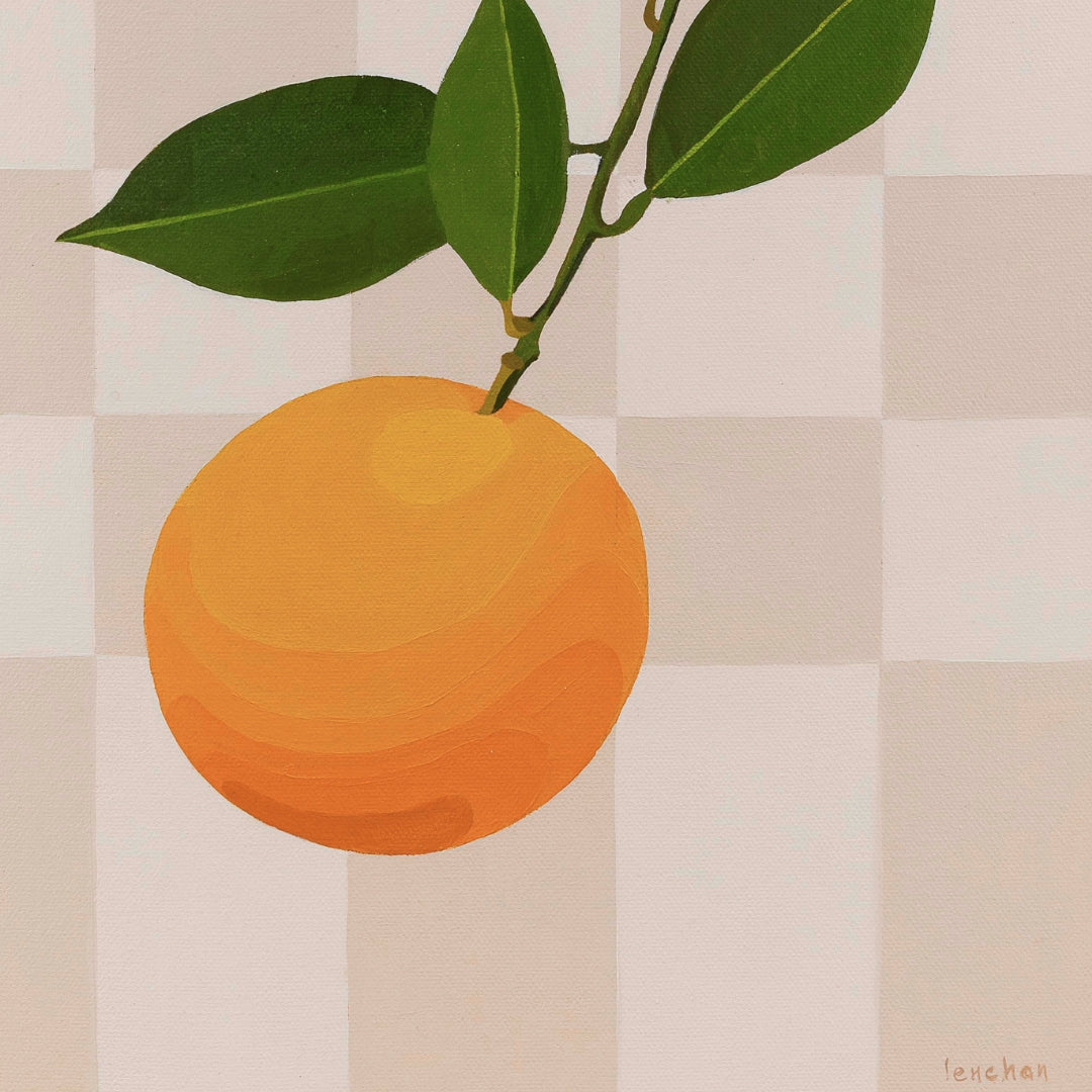 Illustration of an orange with a branch on a checkered background
