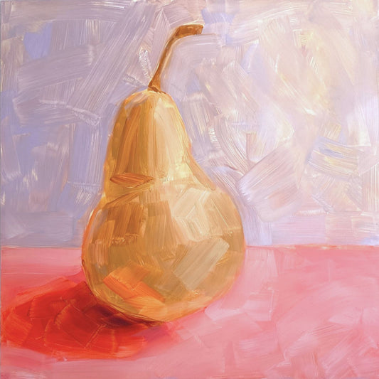 original oil painting of a yellow / beige pear on a textured pink surface and lilac background