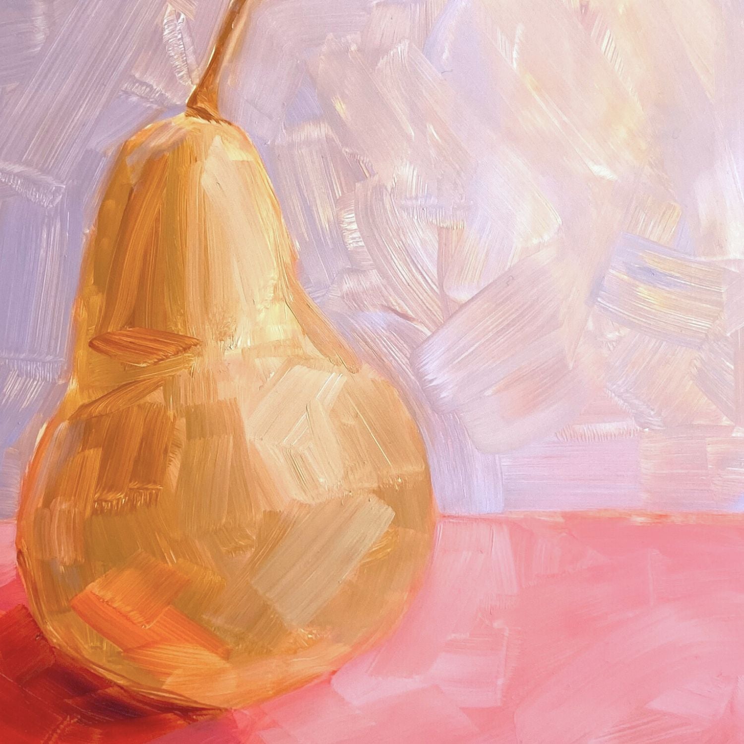 close up of an original oil painting of a yellow / beige pear on a textured pink surface and lilac background