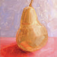 close up of an original oil painting of a yellow / beige pear on a textured pink surface and lilac background