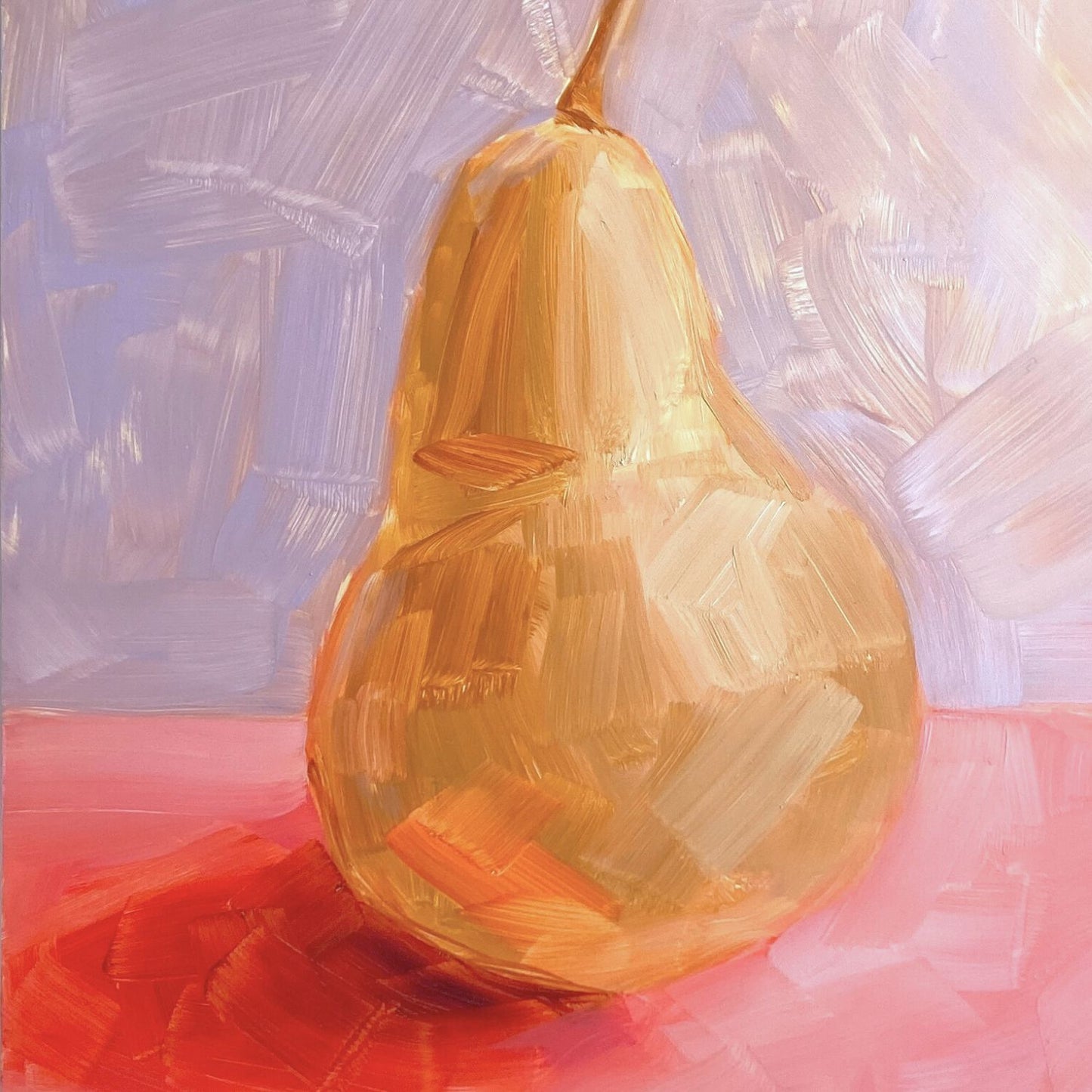 close up of an original oil painting of a yellow / beige pear on a textured pink surface and lilac background