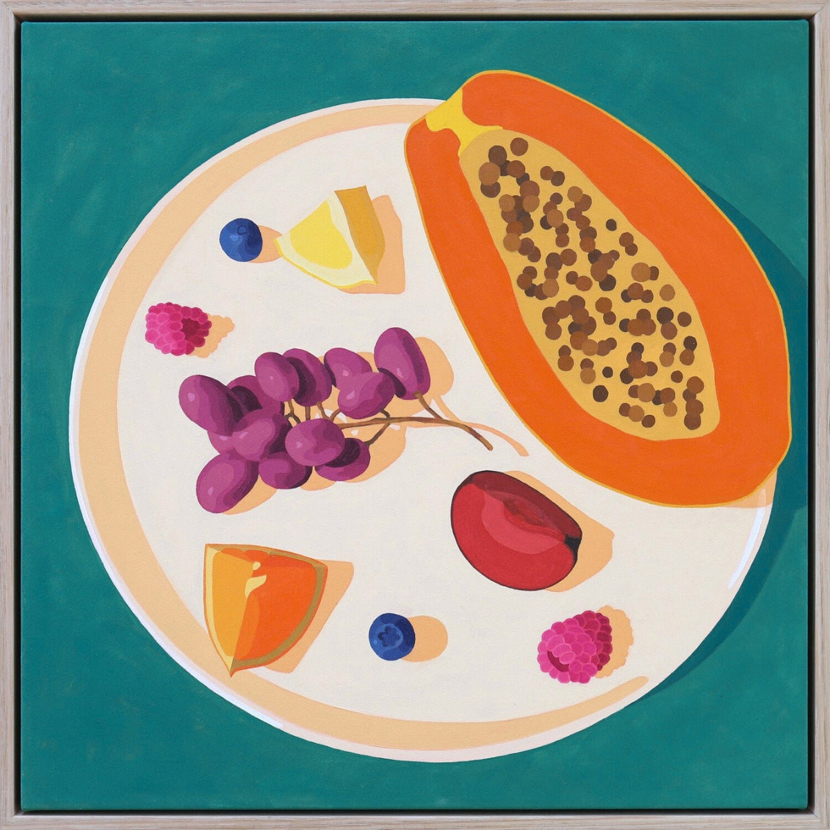 Framed artwork of a plate with various fruits on a teal background