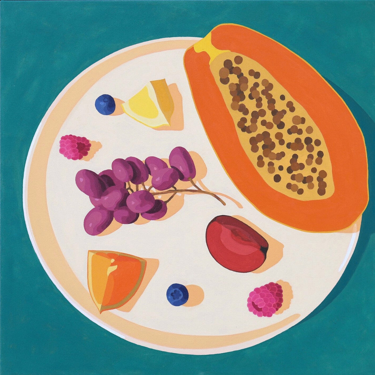 Illustration of a plate with various fruits on a teal background