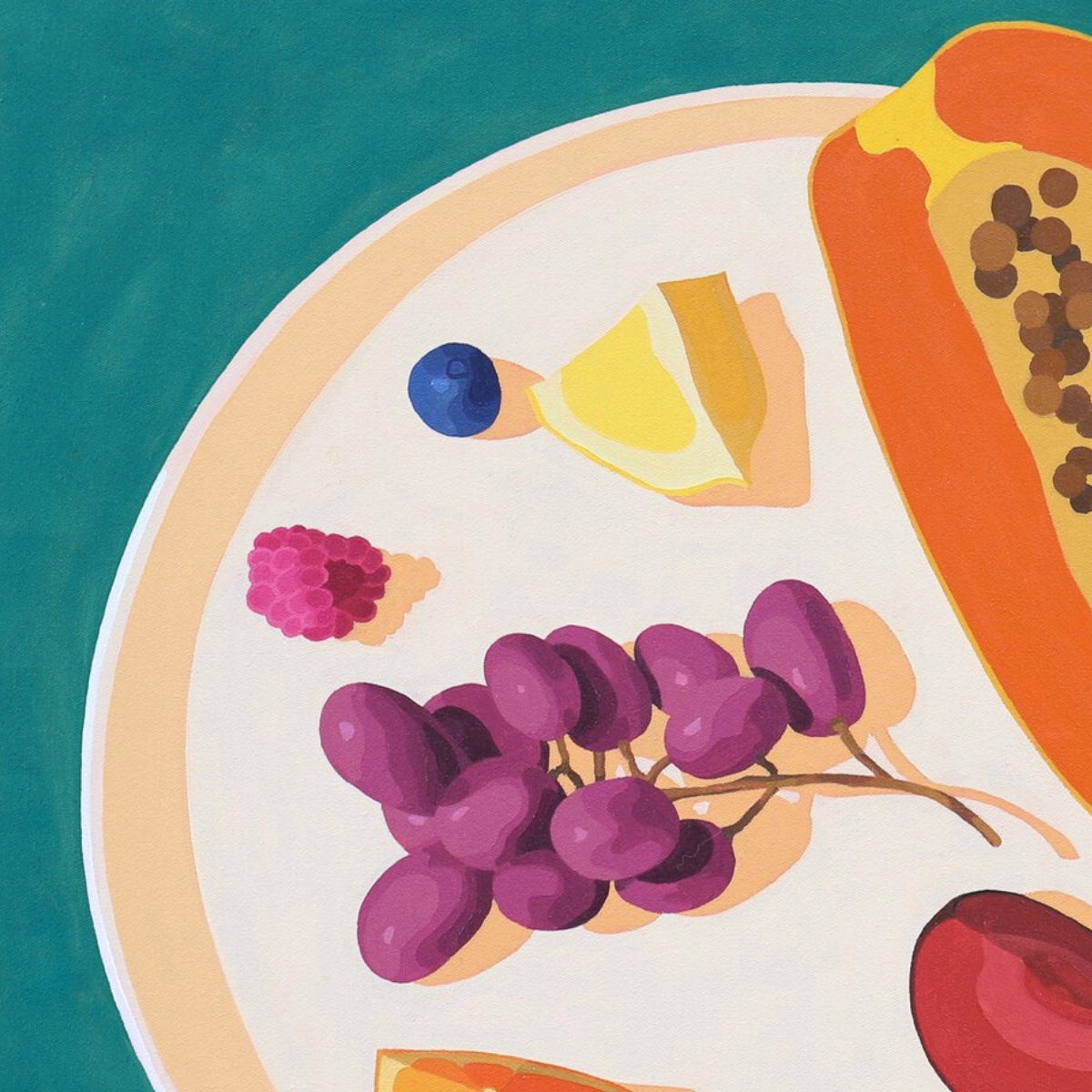 Illustration of various fruits on a plate with a teal background