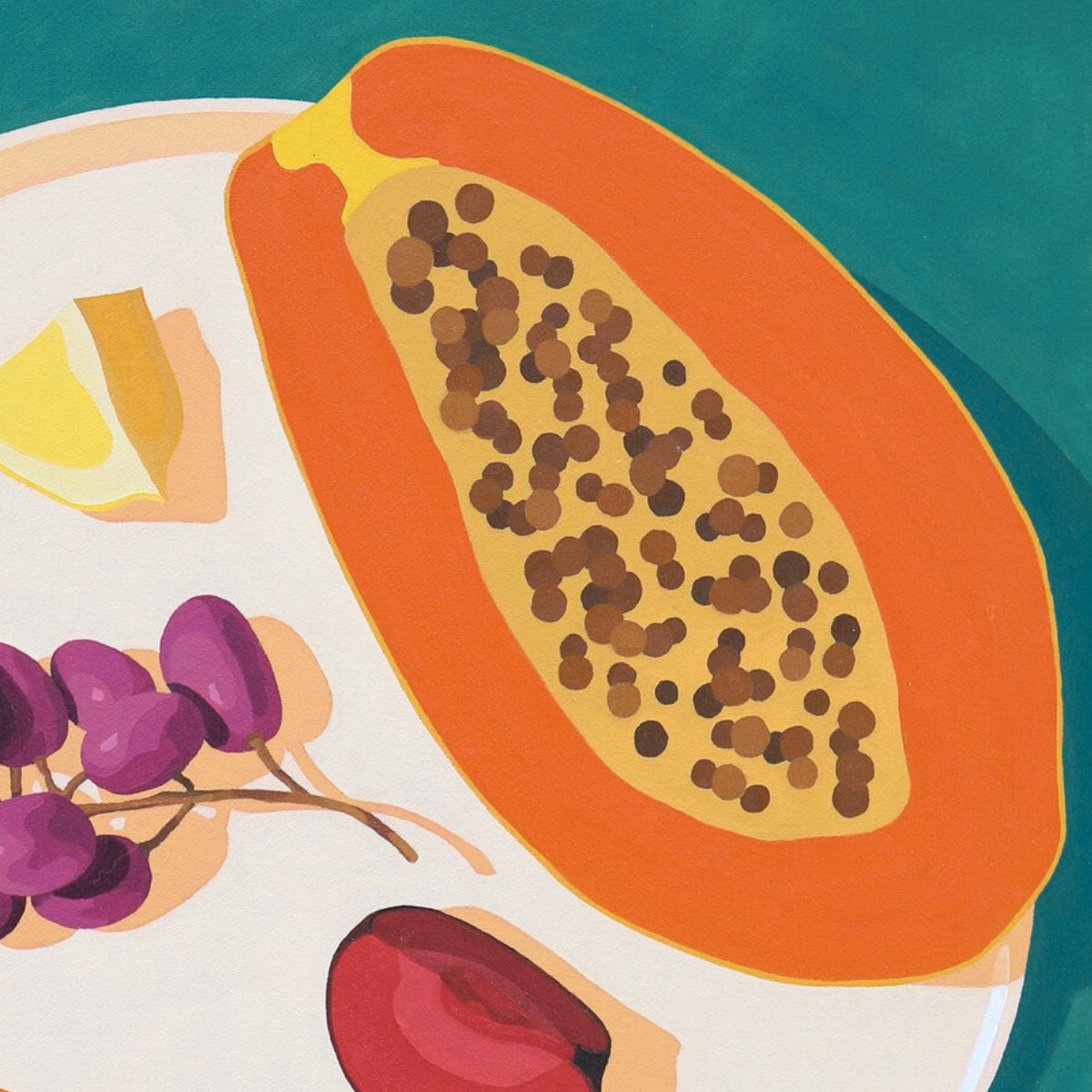 Illustration of a halved papaya on a plate with grapes and a lemon.