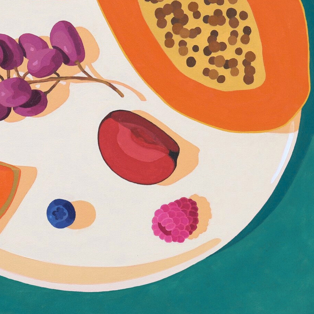 Illustration of a plate with various fruits on a teal background