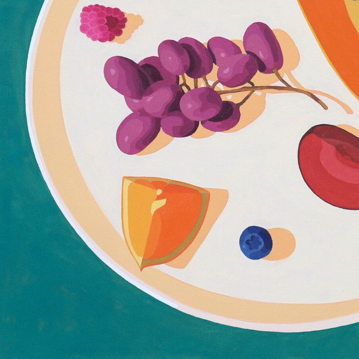 Illustration of fruits on a plate with a teal background