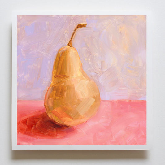 fine art paper print of a yellow pear with strong red-pink shadows on a textured pink surface and a textured lilac background