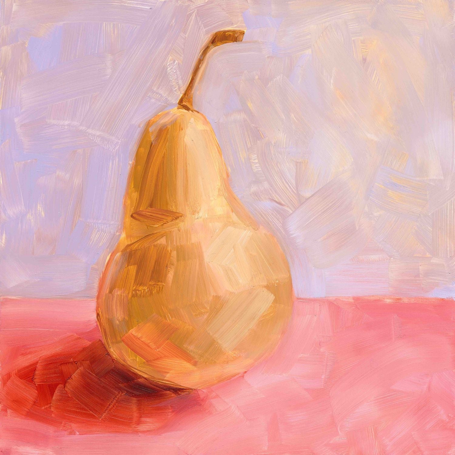 fine art paper print of a yellow pear with strong red-pink shadows on a textured pink surface and a textured lilac background