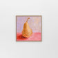 lifestyle photo of a fine art framed canvas print of a yellow pear with strong red-pink shadows on a textured pink surface and a textured lilac background