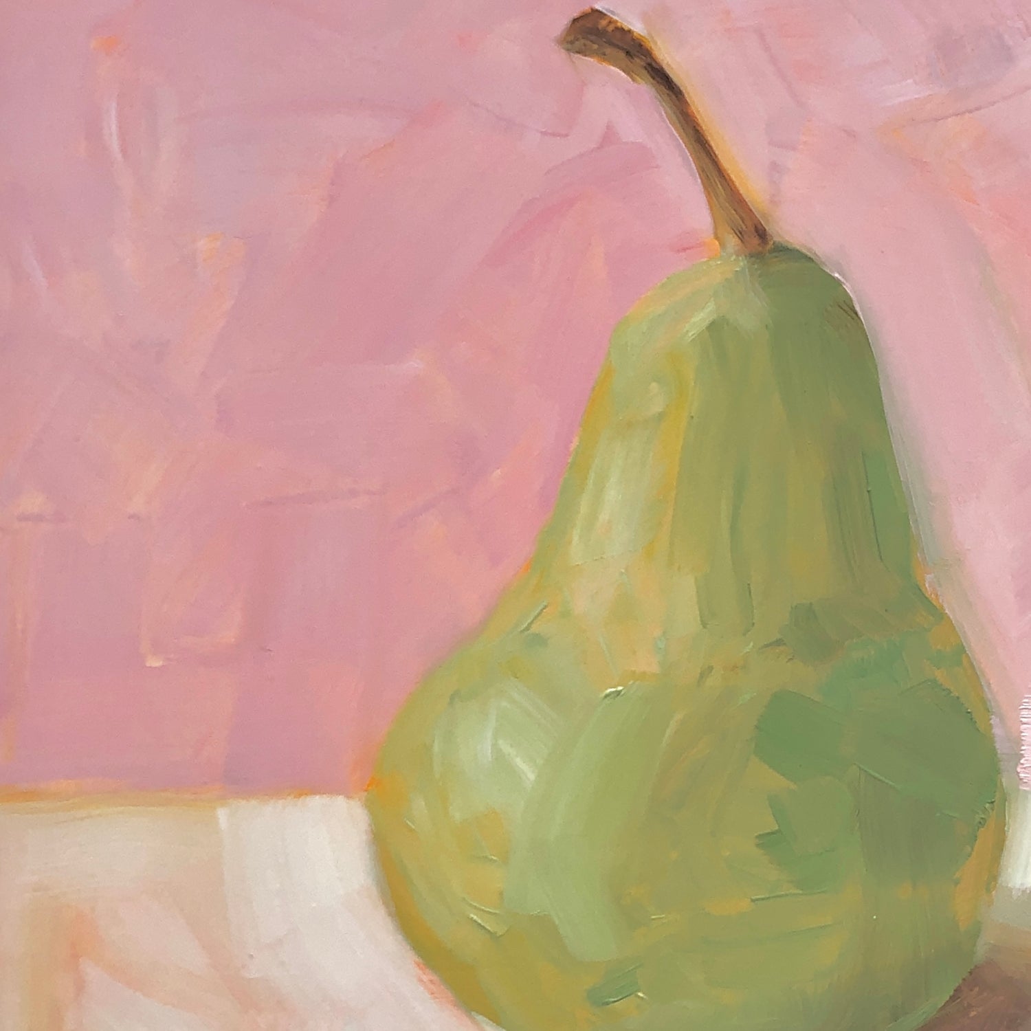 closeup photo of an impressionistic and realistic original oil painting on board of a green pear sitting on a soft pink and cream background