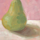 closeup photo of an impressionistic and realistic original oil painting on board of a green pear sitting on a soft pink and cream background