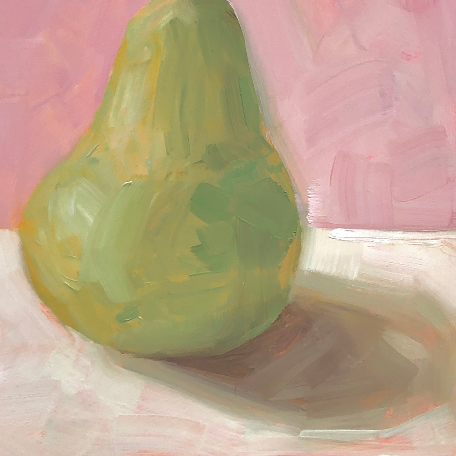 closeup photo of an impressionistic and realistic original oil painting on board of a green pear sitting on a soft pink and cream background