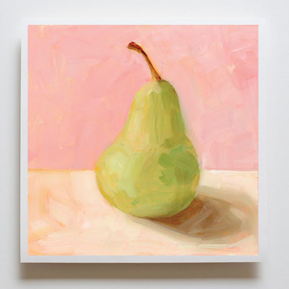 fine art print of a colorful and modern original oil painting of a soft green pear on a pink and cream background with shadows