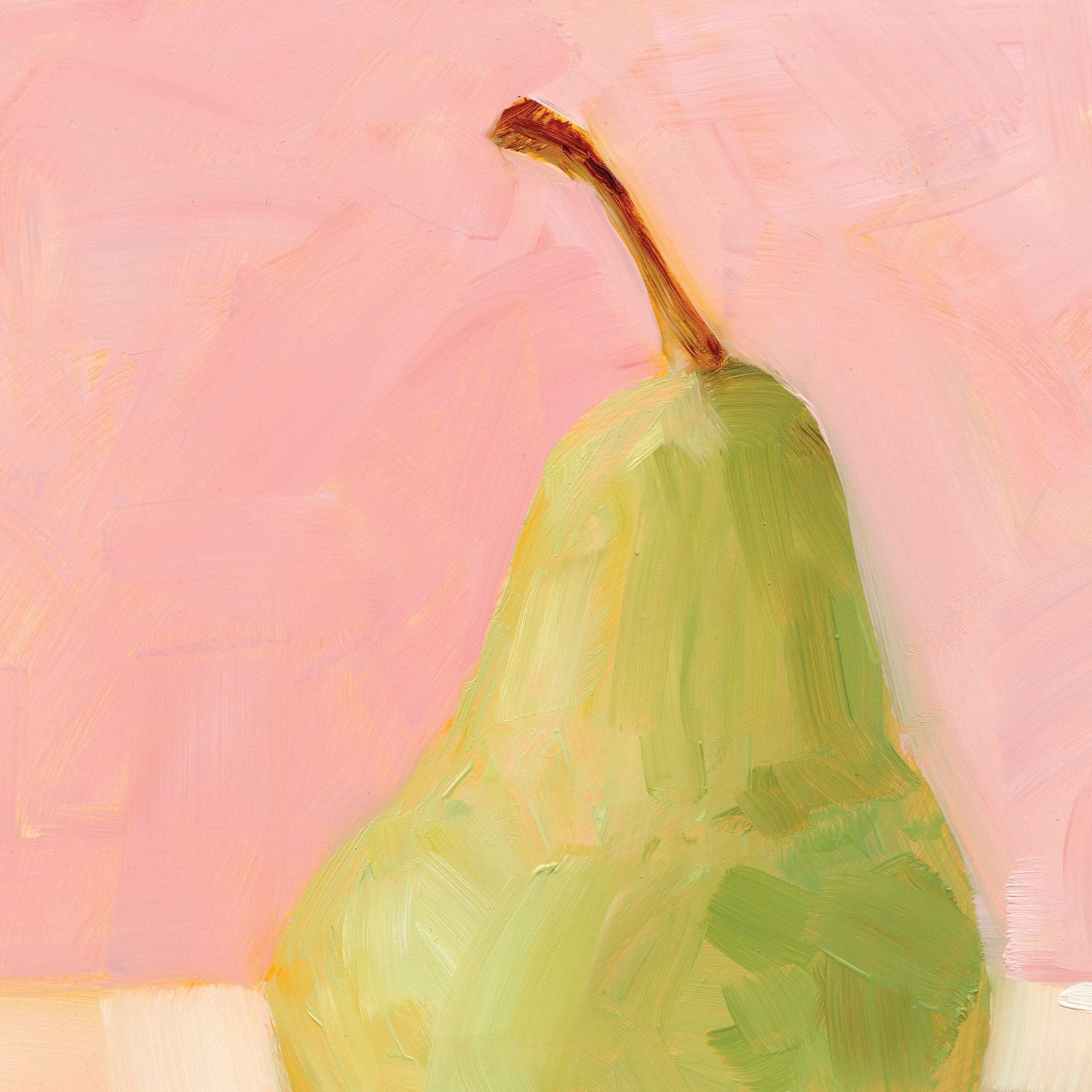 fine art print of a colorful and modern original oil painting of a soft green pear on a pink and cream background with shadows