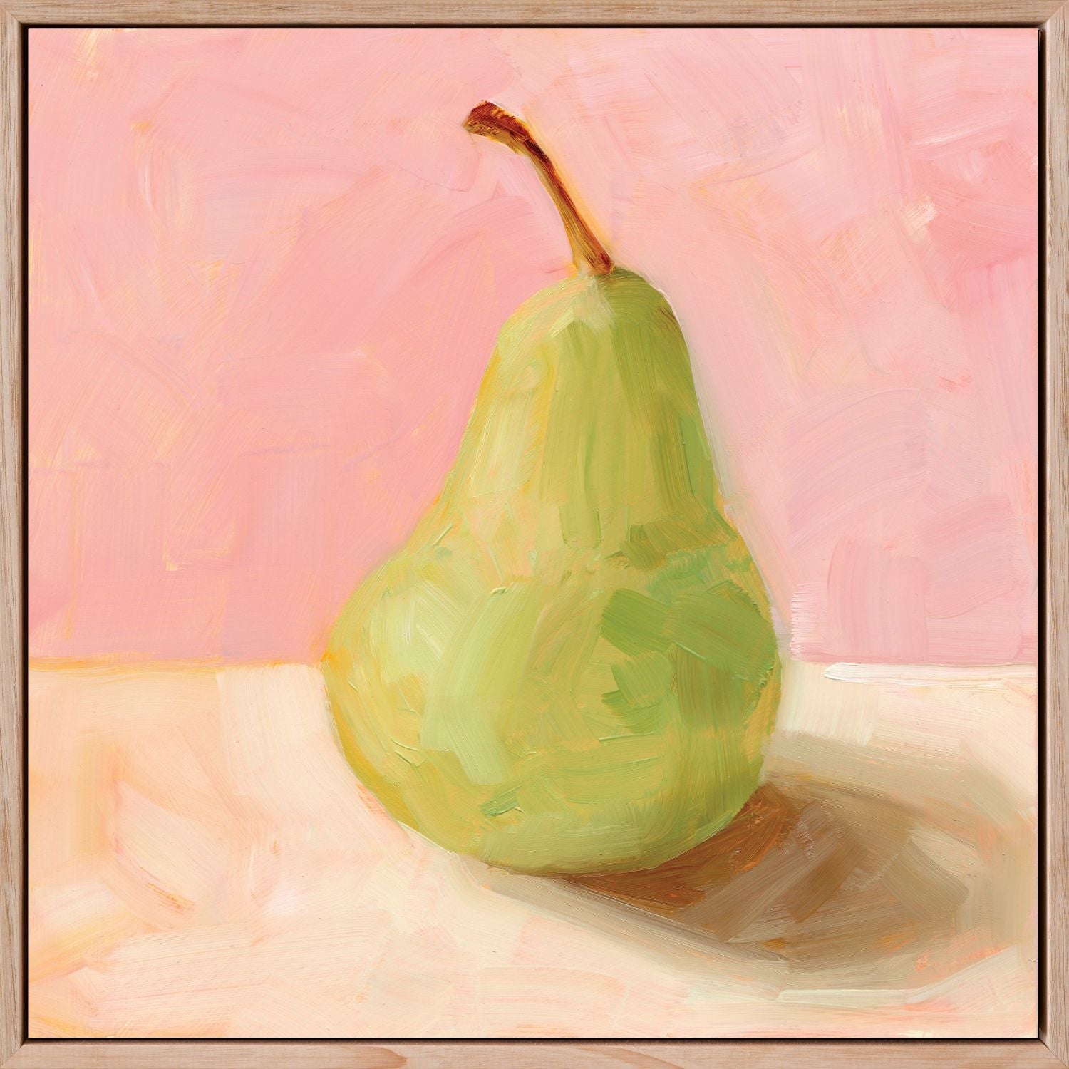 fine art print of a colorful and modern original oil painting of a soft green pear on a pink and cream background with shadows