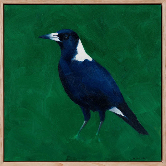 fine art canvas print of an original oil painting of a magpie bird in an emerald green textured background