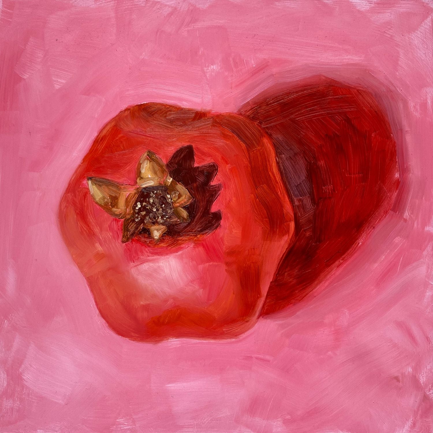 oil painting of a bright and vibrant red pomegranate with a strong reddish shadow on a textured pink background