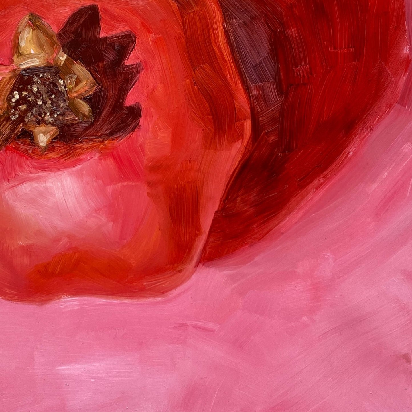 closeup of an original oil painting of a bright and vibrant red pomegranate with a strong reddish shadow on a textured pink background