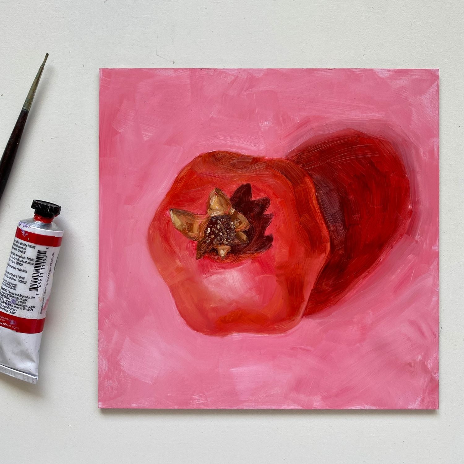 lifestyle photo of an original oil painting of a bright and vibrant red pomegranate with a strong reddish shadow on a textured pink background. the painting is on a white desk and there is a paintbrush and oil paint tube next to it