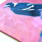 closeup of an original oil painting of a navy blue and white magpie on a textured bright pink background