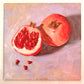 original oil painting of a whole pomegranate and a cut pomegranate with seeds lying on a soft and smooth lilac background with bits of yellow showing through 