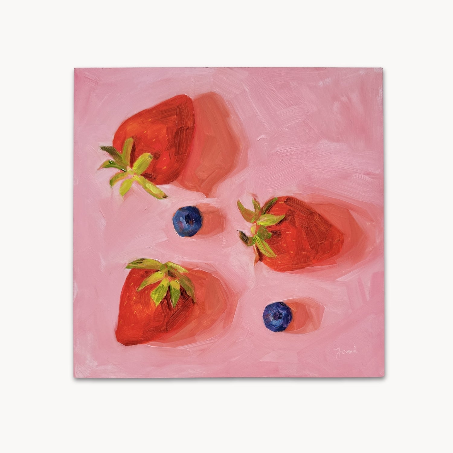 contemporary and modern oil painting of warm red strawberries and blueberries on a textured pink background