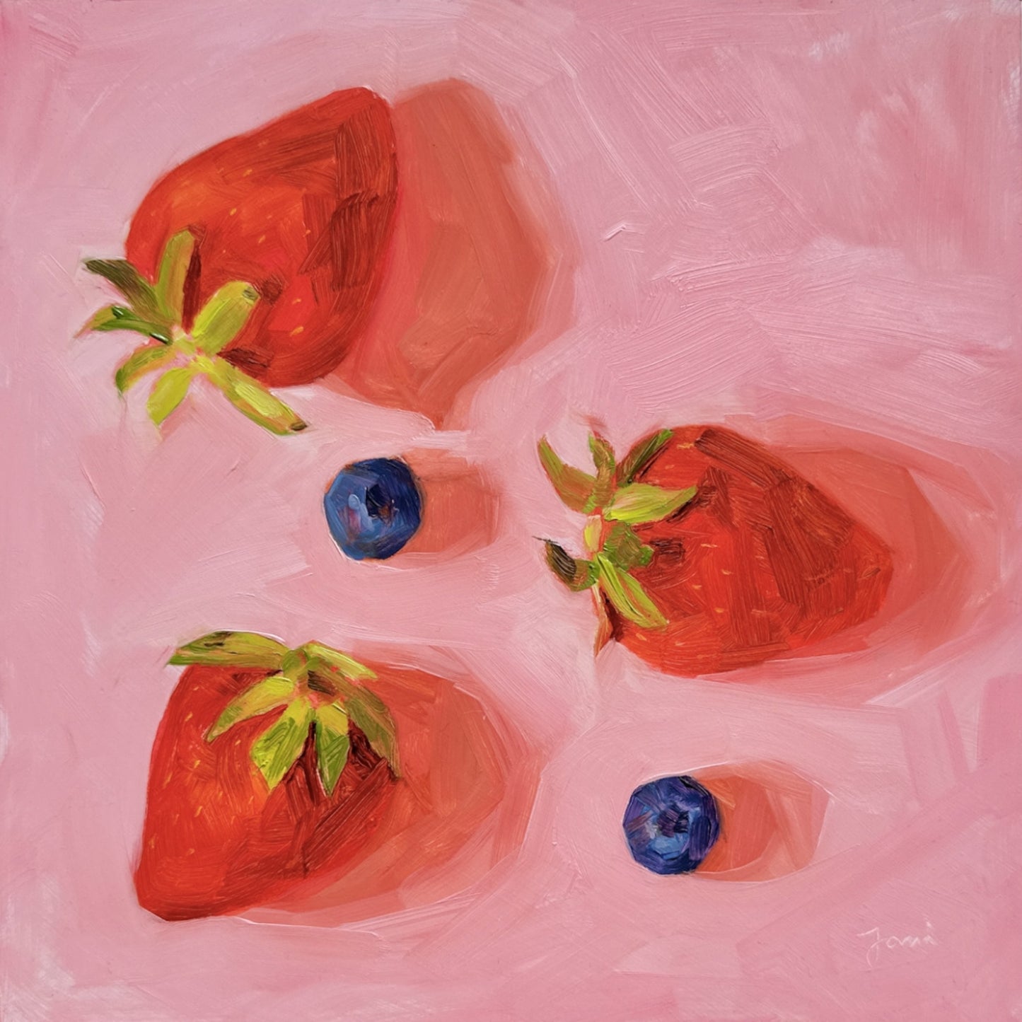 contemporary and modern oil painting of warm red strawberries and blueberries on a textured pink background