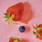 contemporary and modern oil painting of warm red strawberries and blueberries on a textured pink background