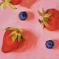 contemporary and modern oil painting of warm red strawberries and blueberries on a textured pink background