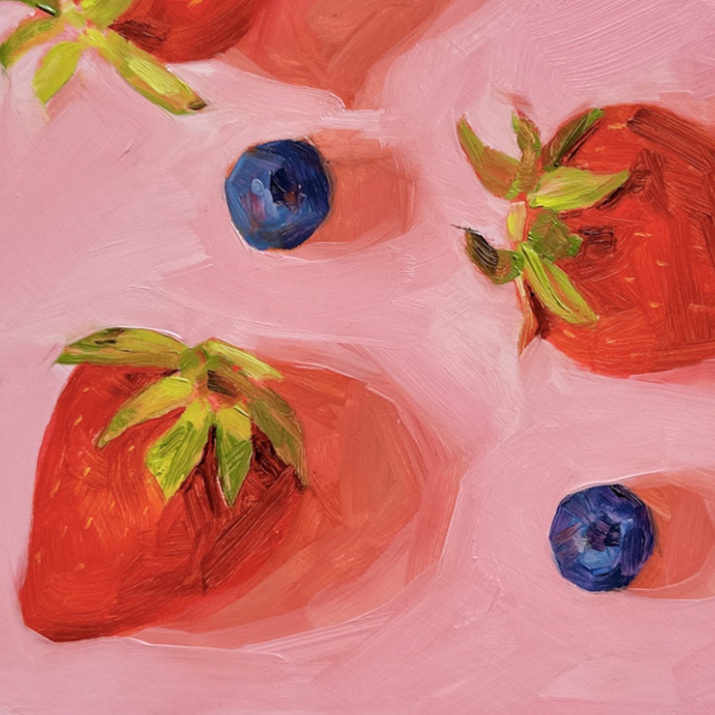 contemporary and modern oil painting of warm red strawberries and blueberries on a textured pink background