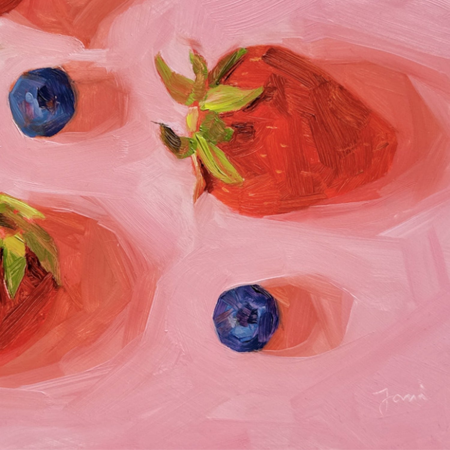 contemporary and modern oil painting of warm red strawberries and blueberries on a textured pink background