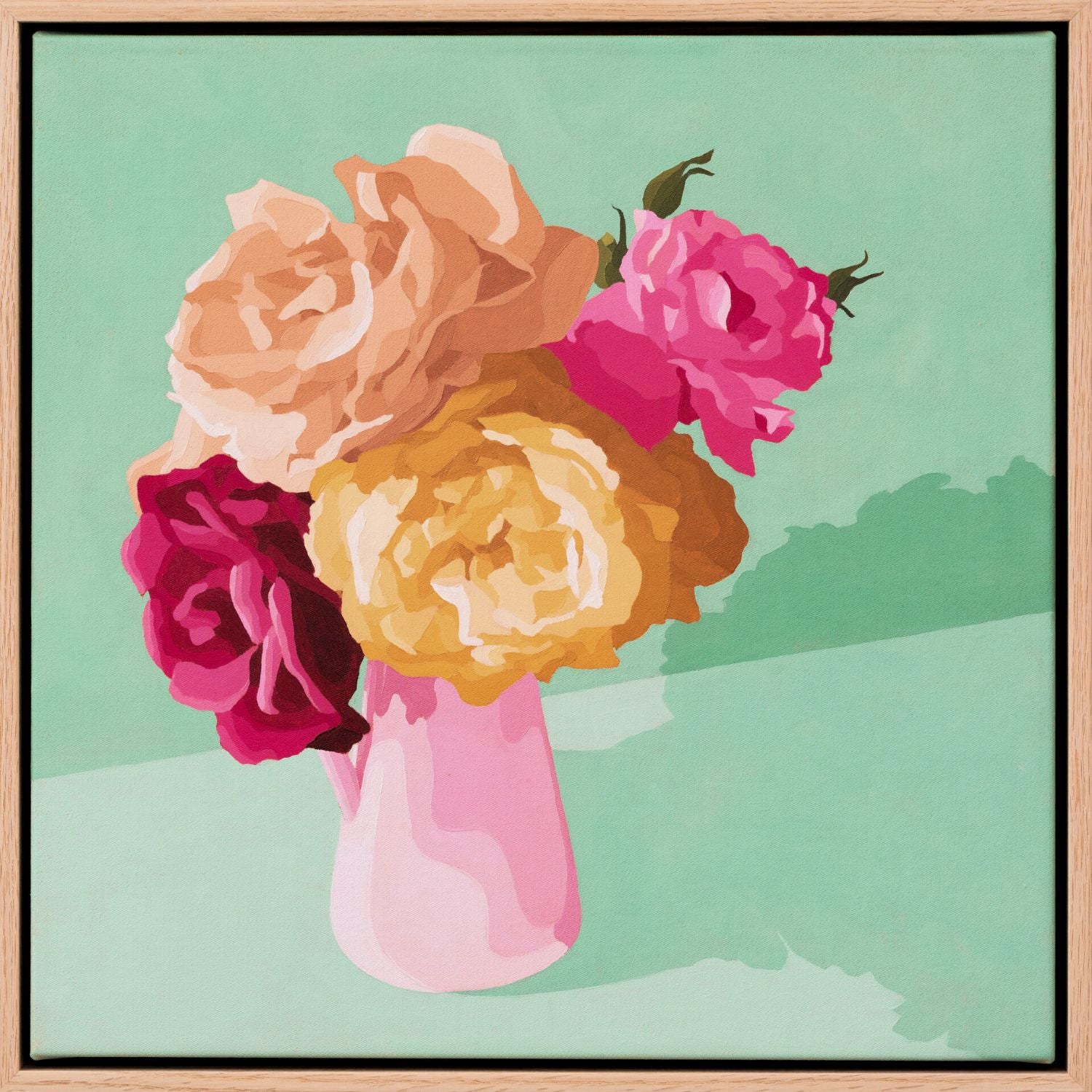 original oil painting of roses on a vase with a soft aqua background