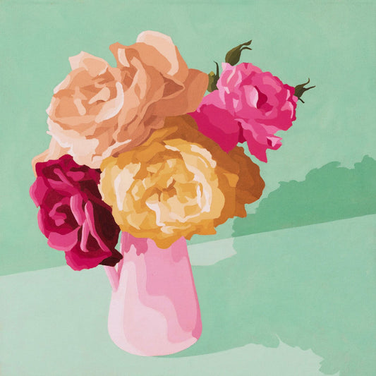 original oil painting of roses on a vase with a soft aqua background