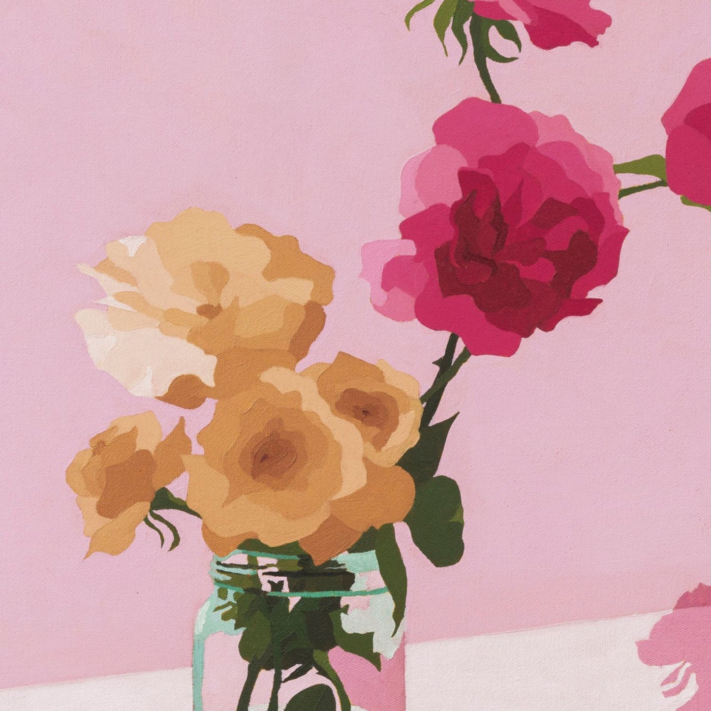 original oil painting of roses in a vase on a soft pink background