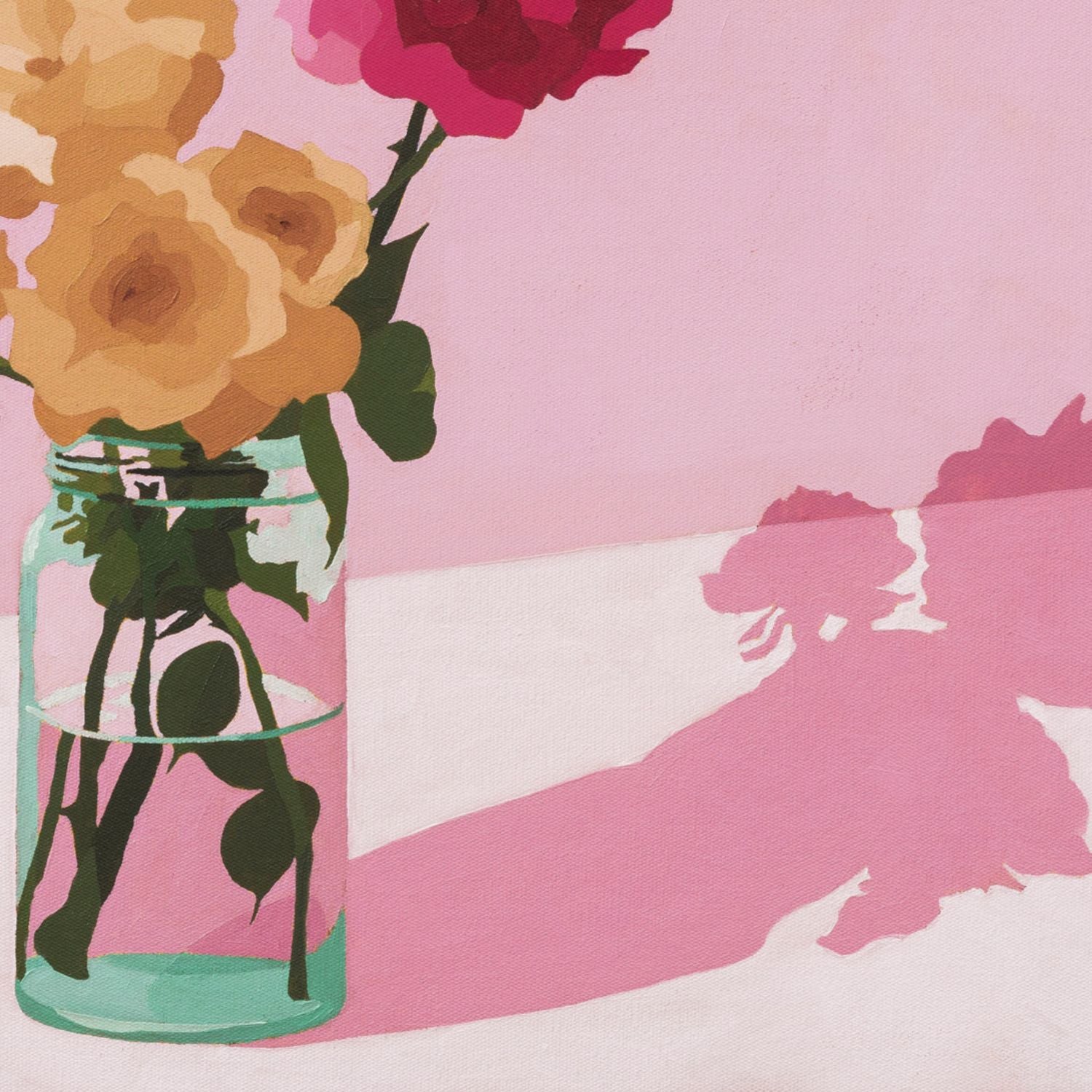 original oil painting of roses in a vase on a soft pink background