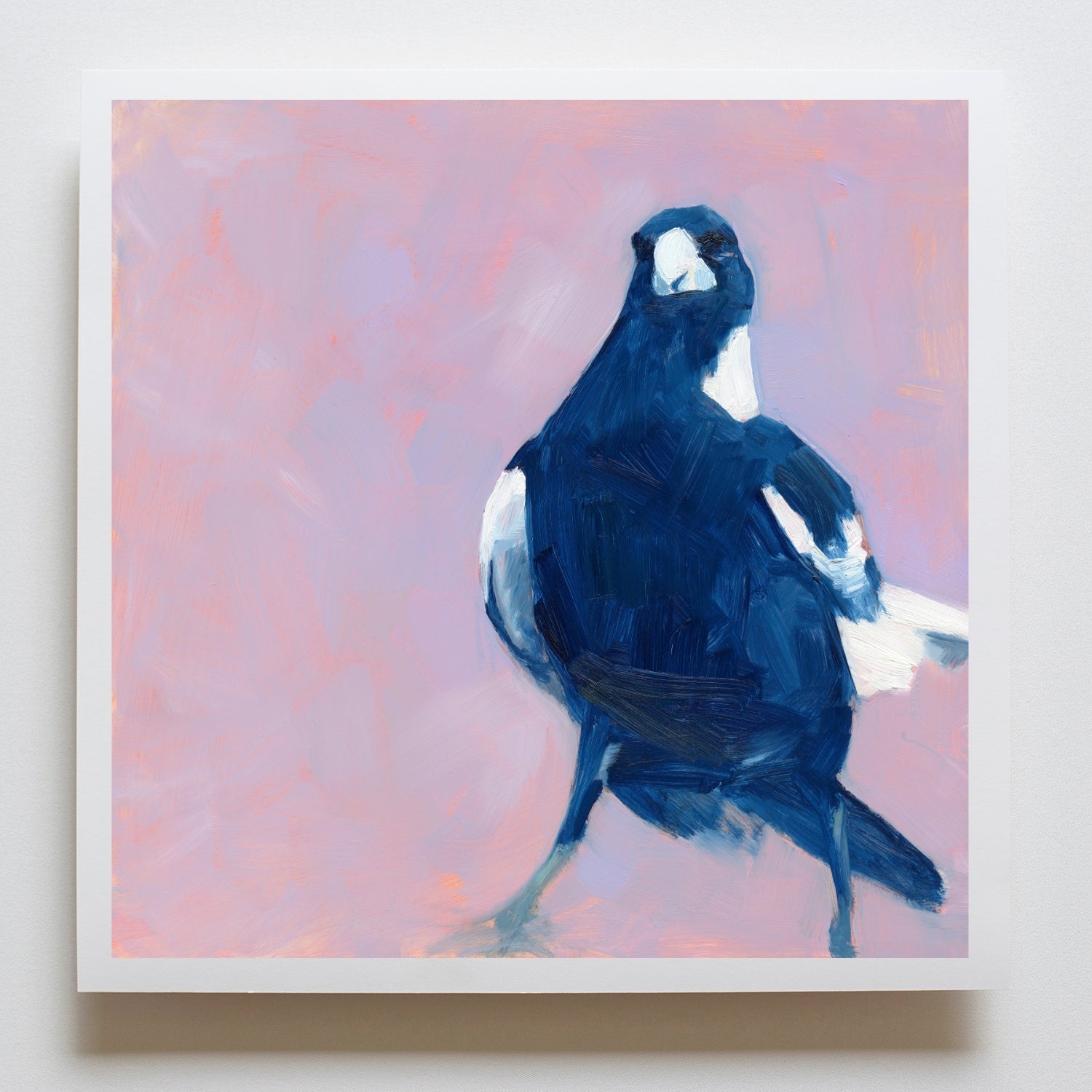 fine art print of an original oil painting of a navy blue and white magpie with a soft lilac textured background
